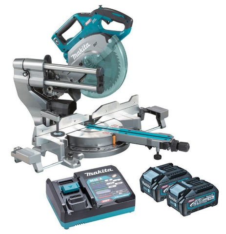 Makita 40V Max Brushless 216mm (8-1/2”) Slide Compound Saw Kit Includes 2 x 4.0Ah Batteries and Single Port Rapid Charger LS002GM201