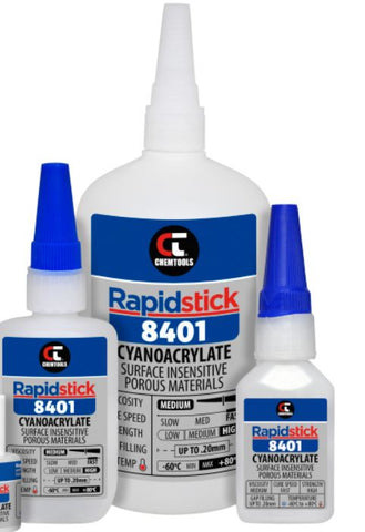 Rapidstick 8401 Cyanoacrylate Adhesive Surface Insensitive, Porous Materials 25ml 50g 500g Bottle 8401-20