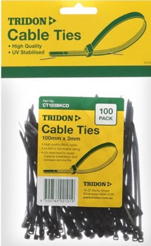 Tridon  BLACK Cable Ties 100mm x 3mm PK 100 CT103BKCD