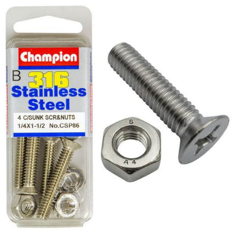 Champion Machine Screws and Nuts 1/4“ x 1-1/2 “ 316 / A4 CSP86