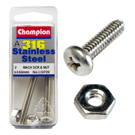 Champion Machine Screws and Nuts Pan Head S/S 6mm x 50mm  CSP20