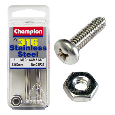 Champion Machine Screws and Nuts CSK S/S 6mm x 50mm & 6 x 1.00mm 316/A4  CSP22