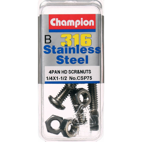 Champion Pan Head Screws and Nuts 1/4 “ x 1-1/2 “ CSP75