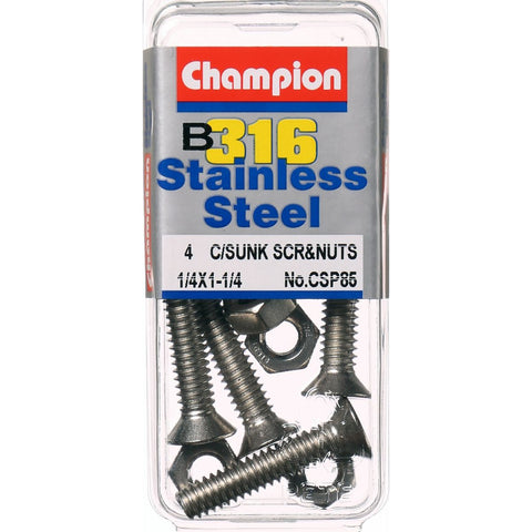 Champion Machine Screws and Nuts CounterSunk 1/4“ x 1-1/4 “ 316/A4 CSP85