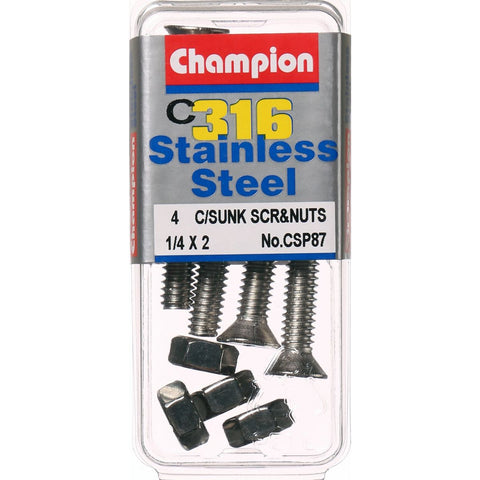 Champion Machine Screws and Nuts CounterSunk 1/4“ x 2 “ 316 /A4 CSP87