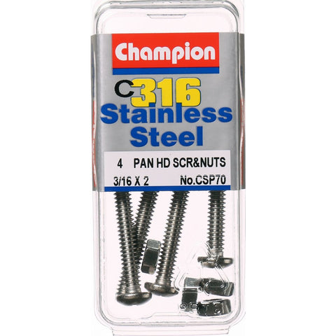 Champion Pan Head Screws and Nuts 3/16 “ x 2 “ CSP70